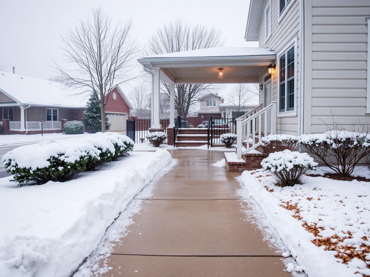 Cleanly shoveled driveway and walkway during a snowfall